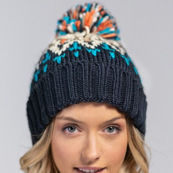 ๐ Blue / Cream Multicolor Knit Beanie w/ Cute Multicolor Pom-Pom ๐ - Picture 3 of 7
